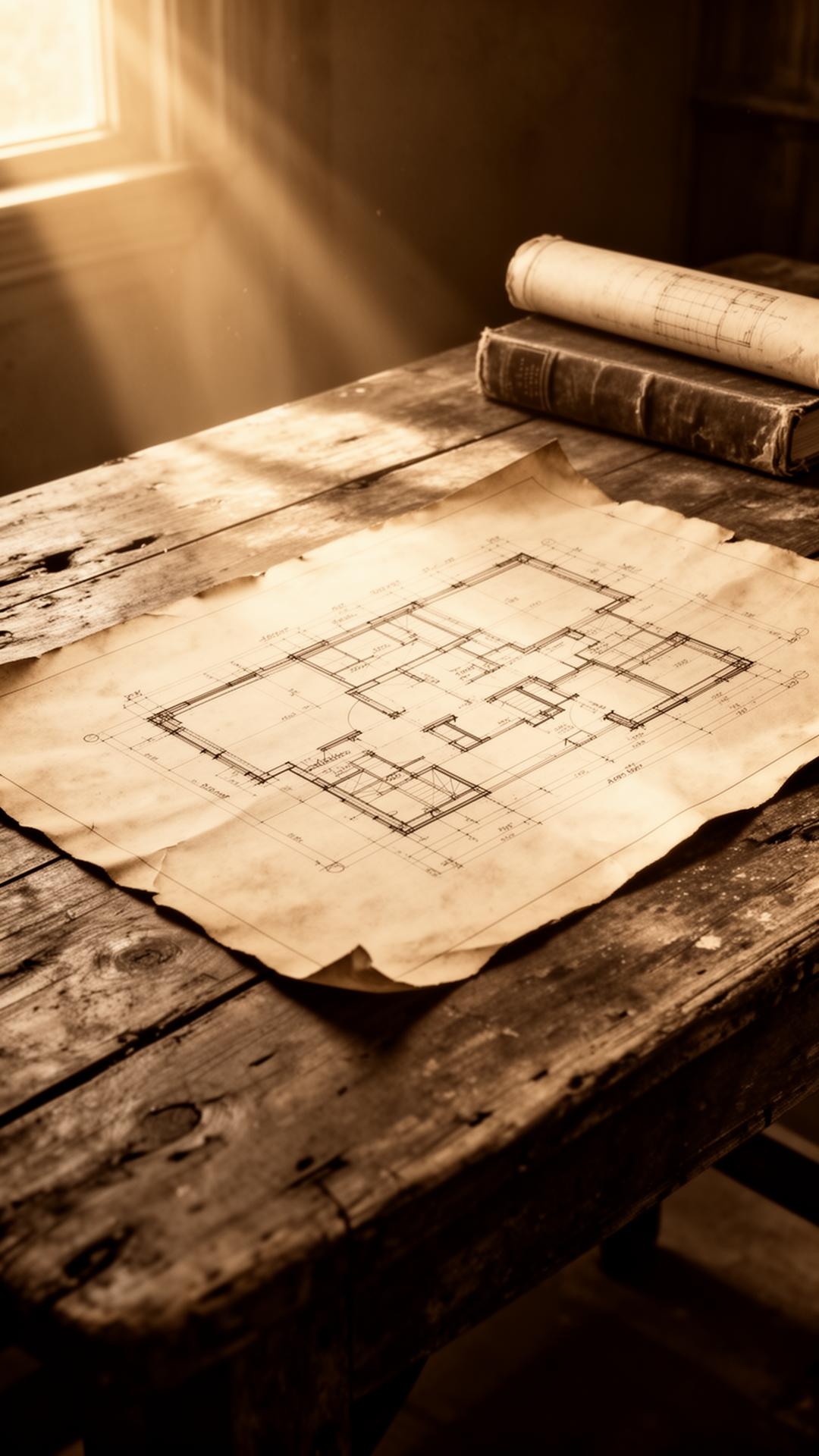 Vintage architectural blueprint on a weathered wooden table