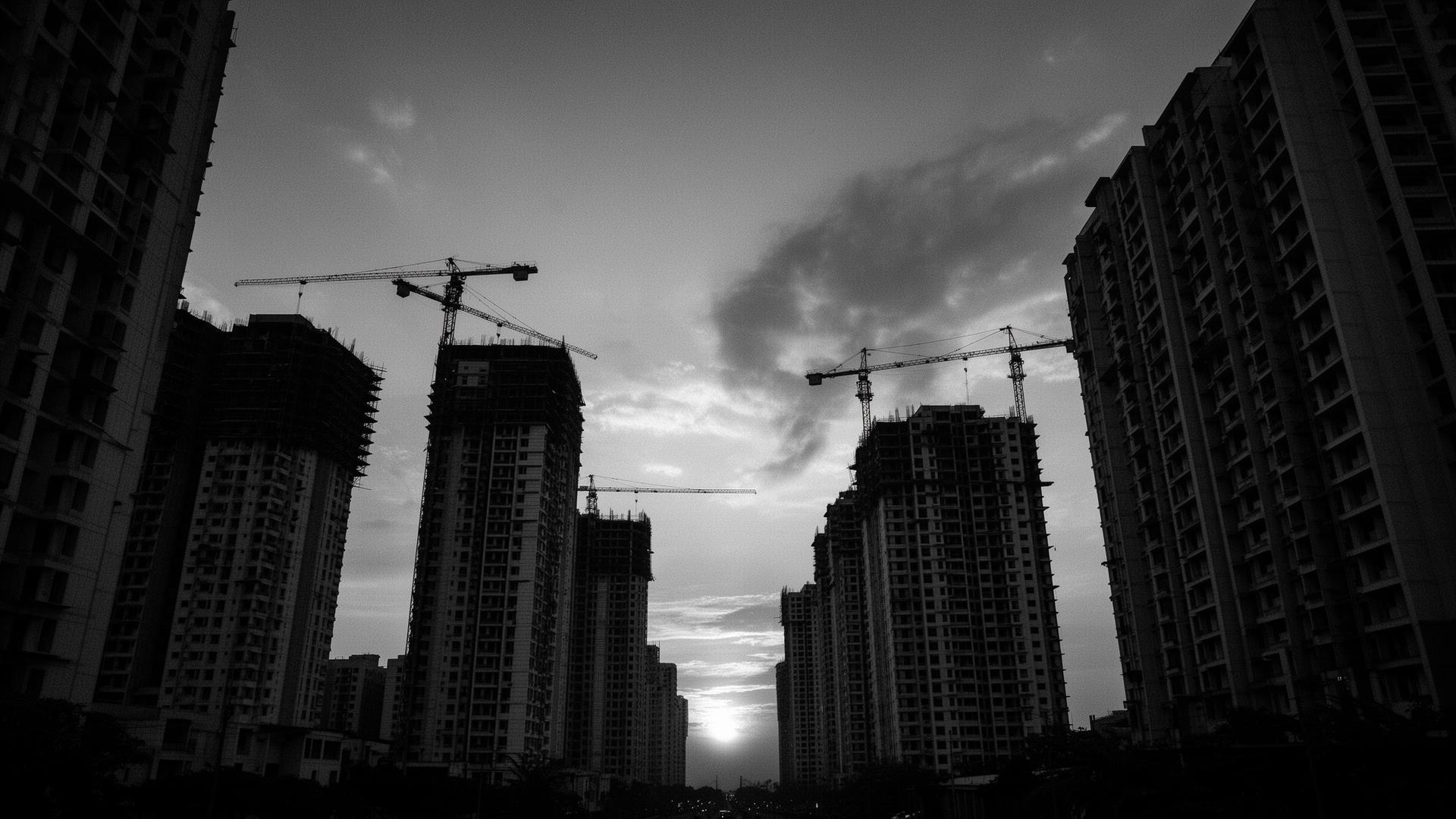 Navi Mumbai skyline at dusk with construction cranes